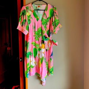 Farm Rio mini wrap dress with puff sleeves.